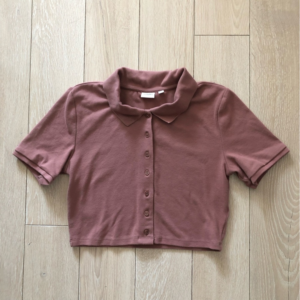 Aritzia Sunday Best Audio Top Cropped Polo Shirt in Epicurean Brown Size M